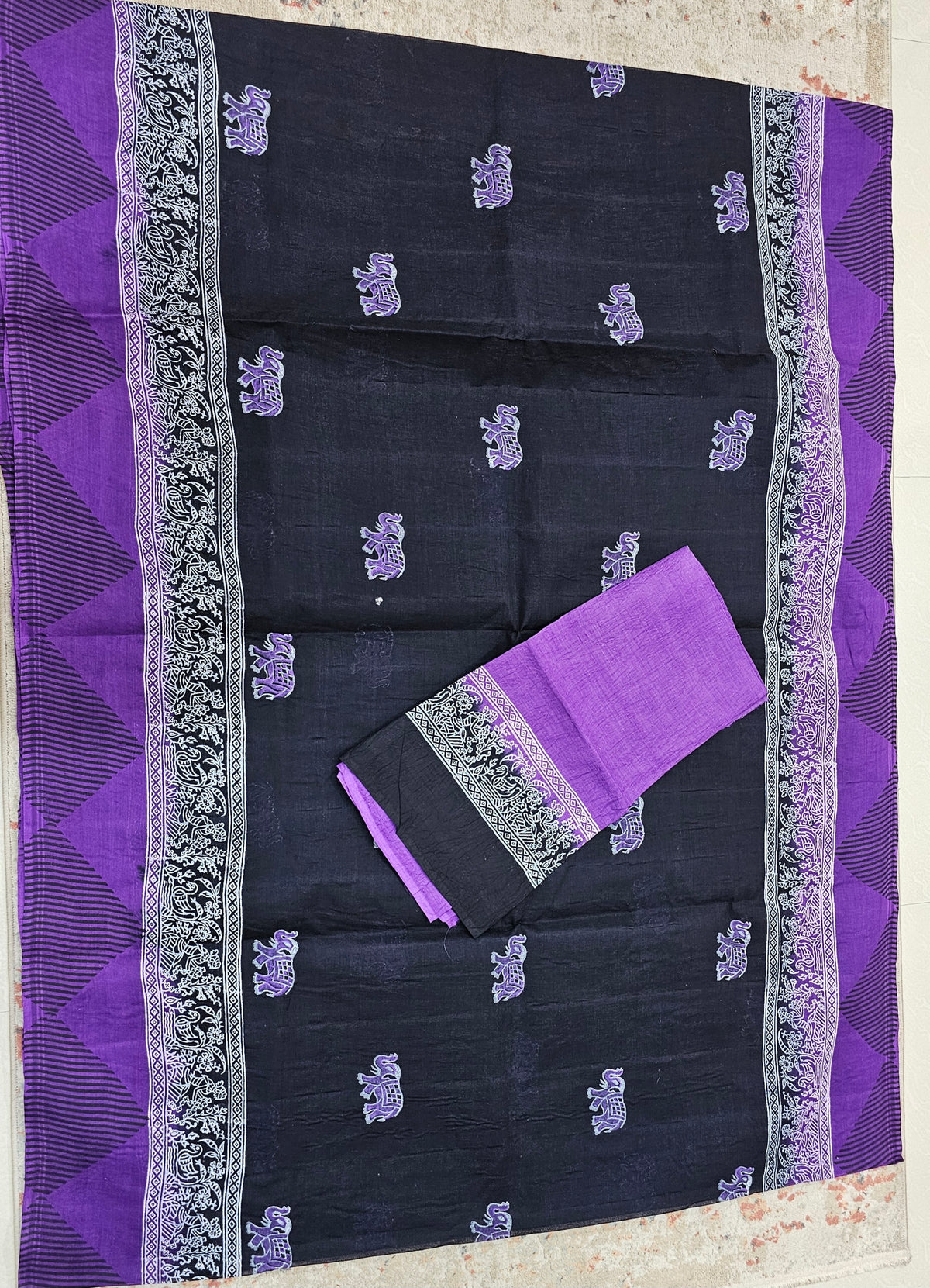 Pure Cotton with Hand Block Prints - Black with Purple