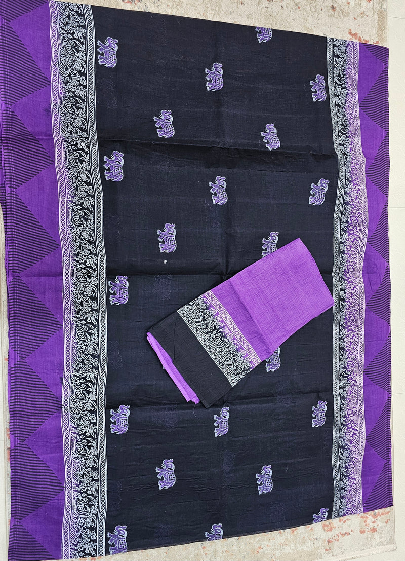 Pure Cotton with Hand Block Prints - Black with Purple