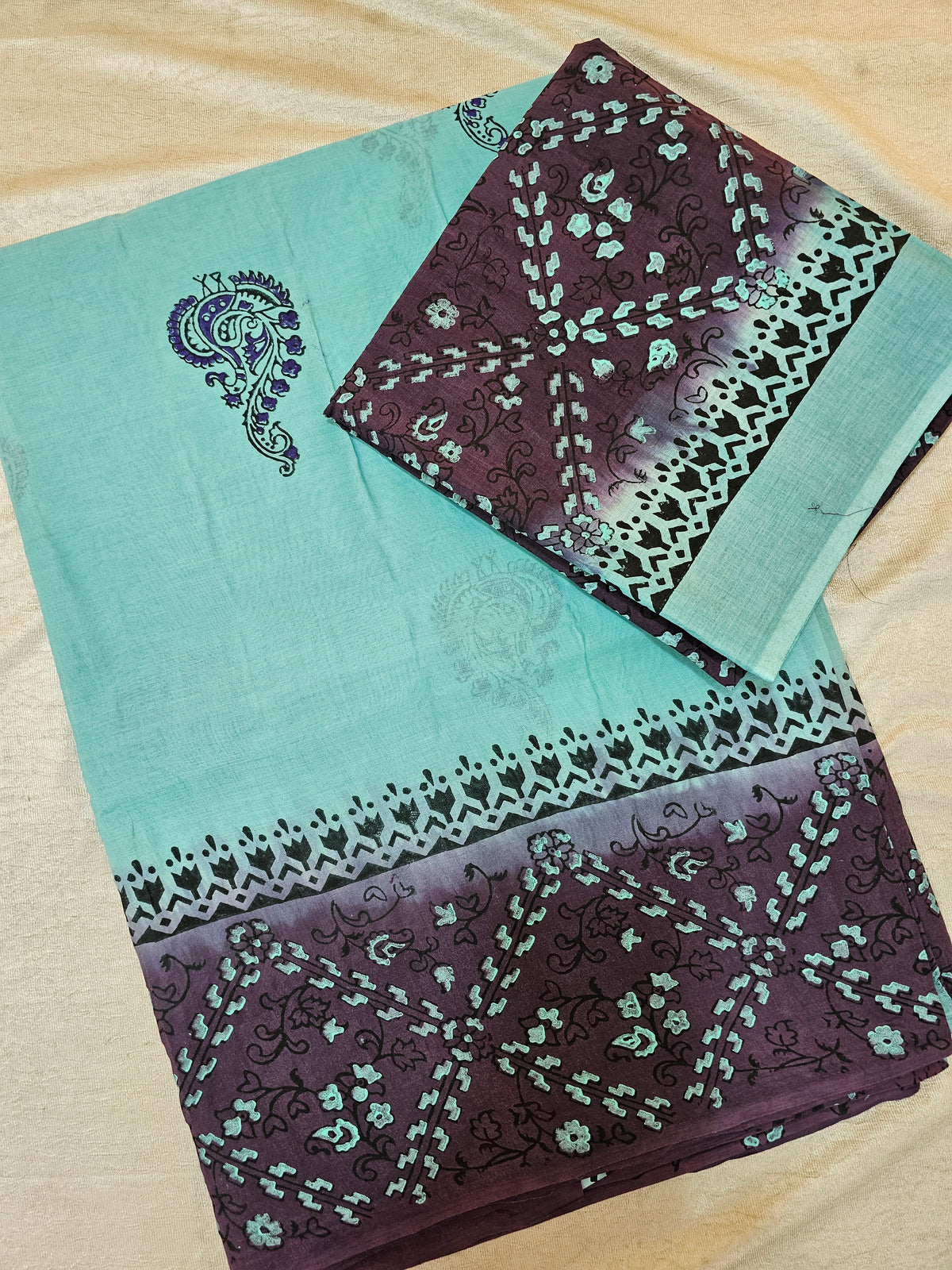 Pure Cotton with Hand Block Prints - Sea Green with Dark Purple