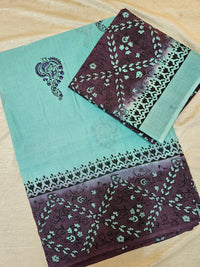 Pure Cotton with Hand Block Prints - Sea Green with Dark Purple