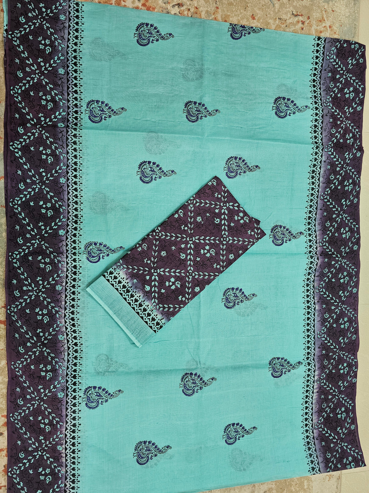 Pure Cotton with Hand Block Prints - Sea Green with Dark Purple