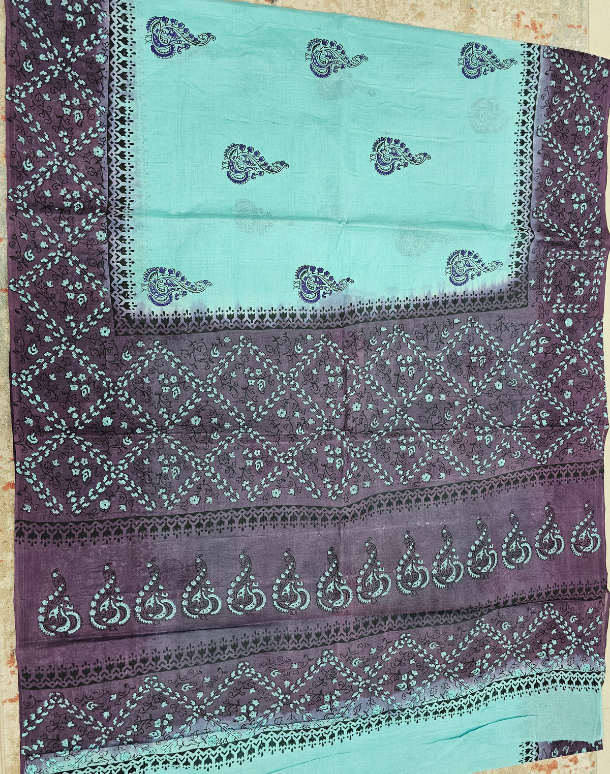 Pure Cotton with Hand Block Prints - Sea Green with Dark Purple