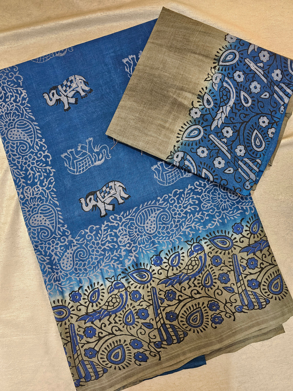 Pure Cotton with Hand Block Prints - Blue with Grey
