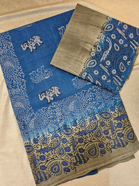 Pure Cotton with Hand Block Prints - Blue with Grey
