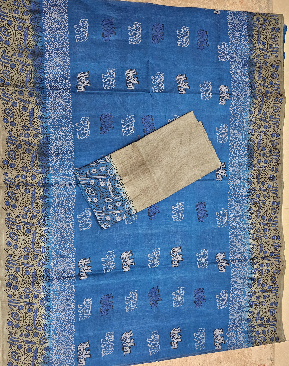 Pure Cotton with Hand Block Prints - Blue with Grey