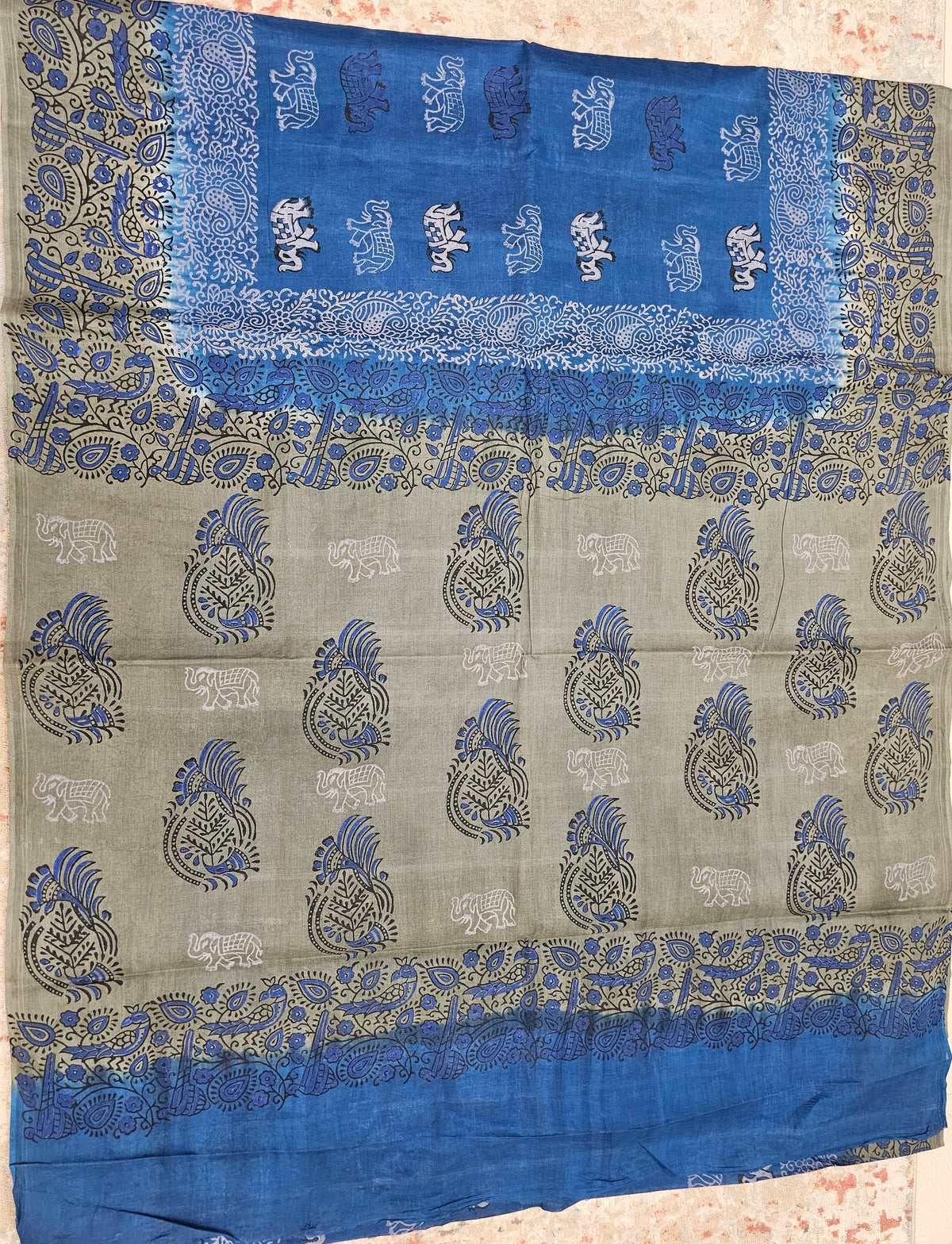 Pure Cotton with Hand Block Prints - Blue with Grey