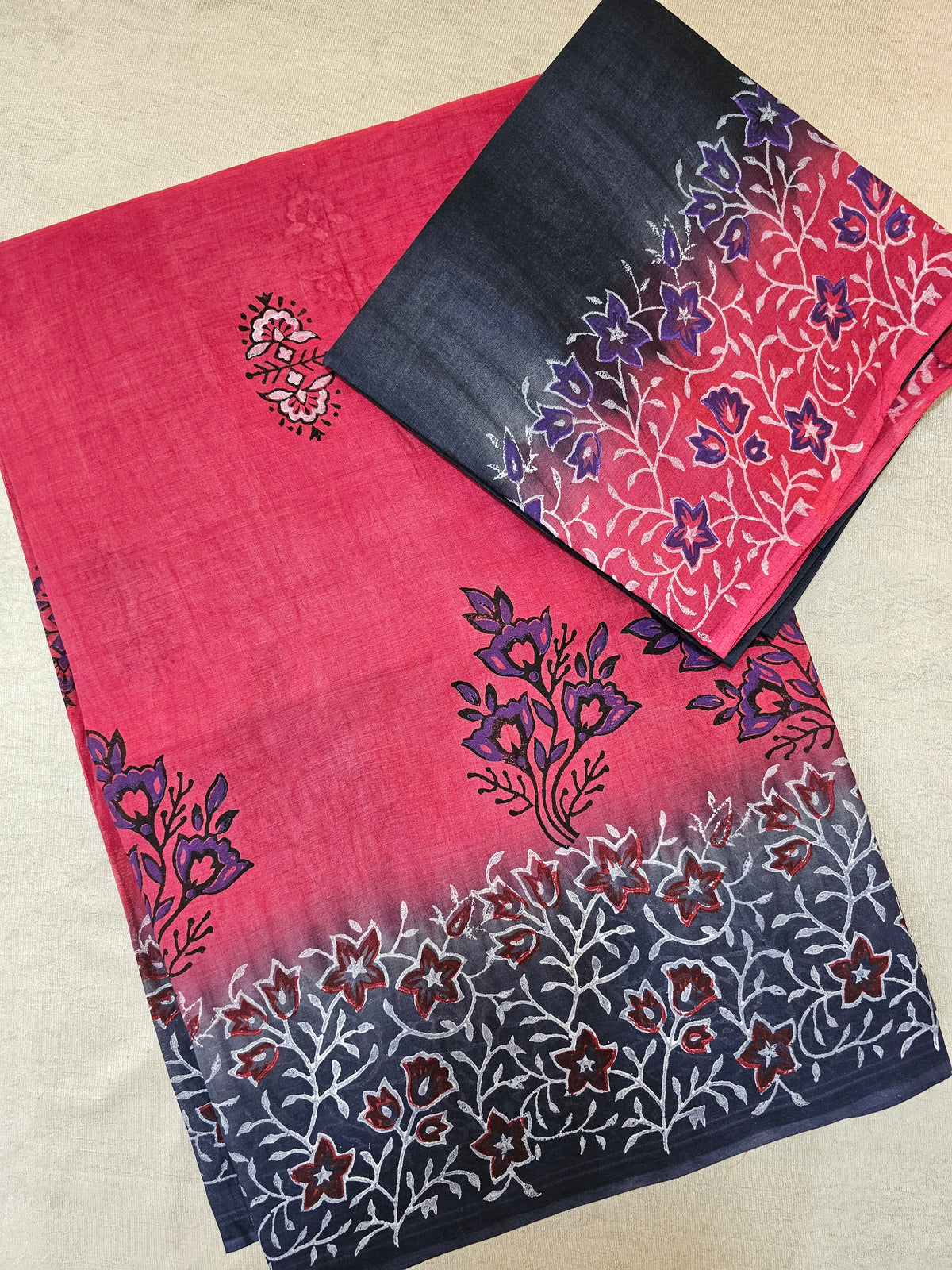 Pure Cotton with Hand Block Prints - Dark Pink with Grey
