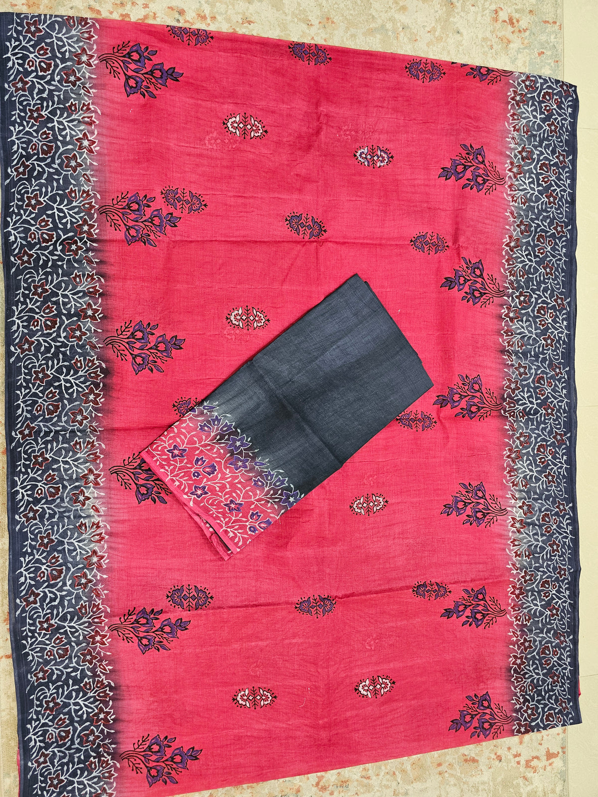 Pure Cotton with Hand Block Prints - Dark Pink with Grey