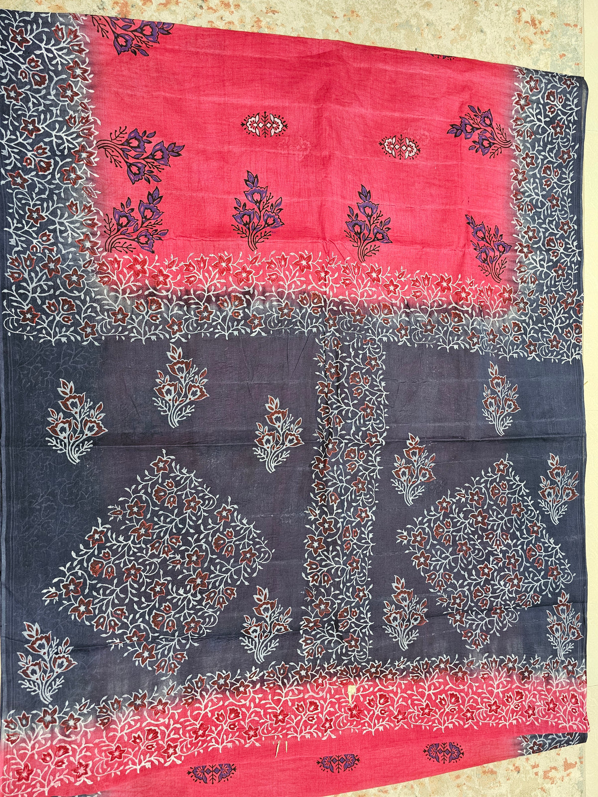 Pure Cotton with Hand Block Prints - Dark Pink with Grey