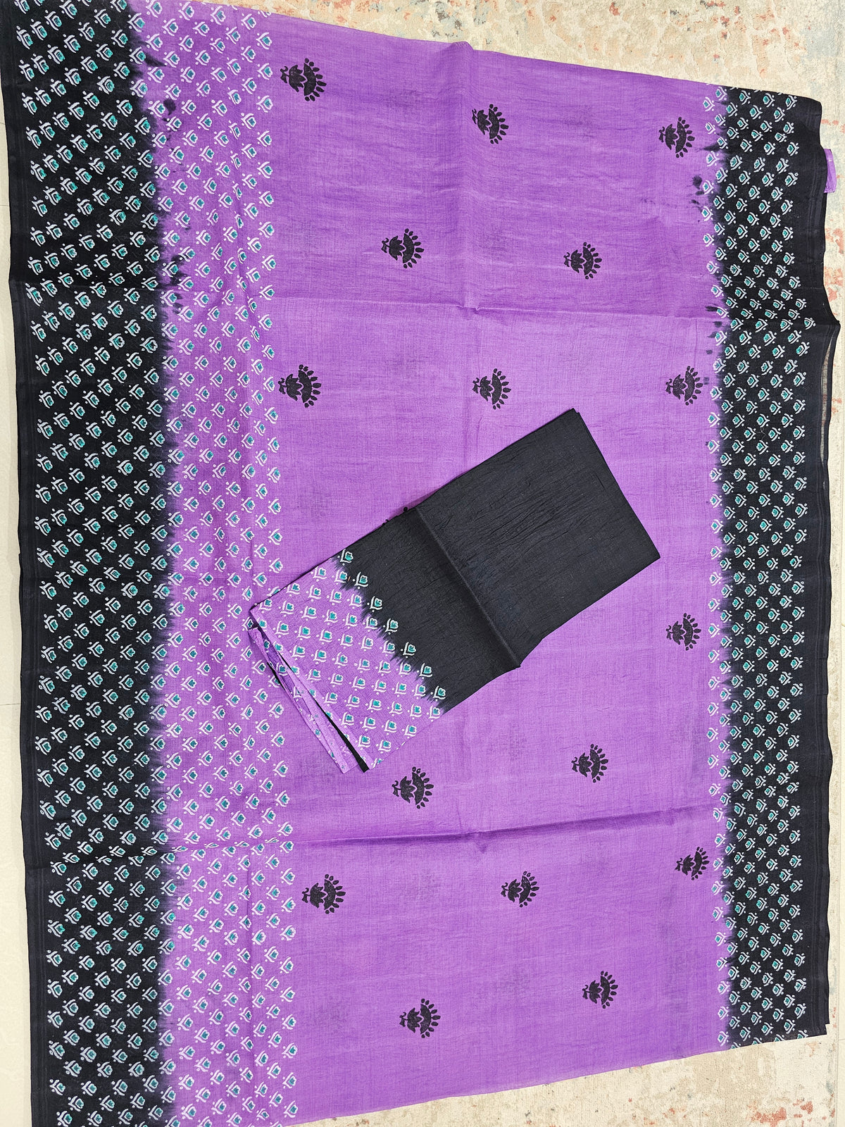 Pure Cotton with Hand Block Prints - Purple with Black