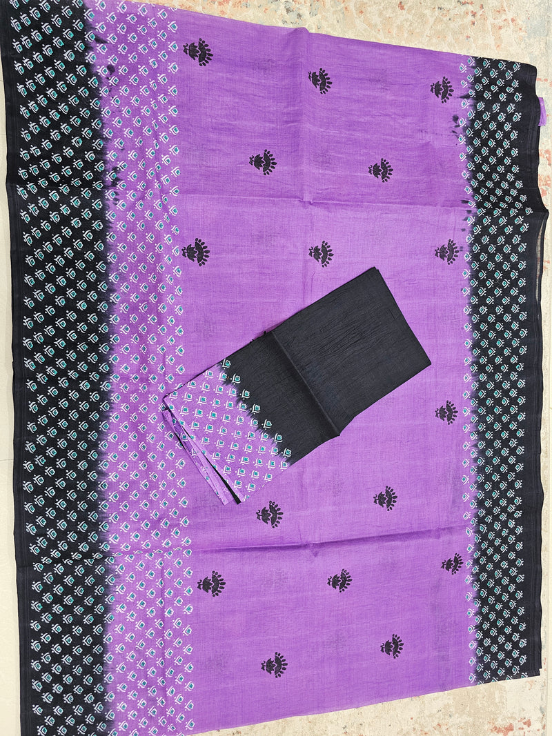 Pure Cotton with Hand Block Prints - Purple with Black
