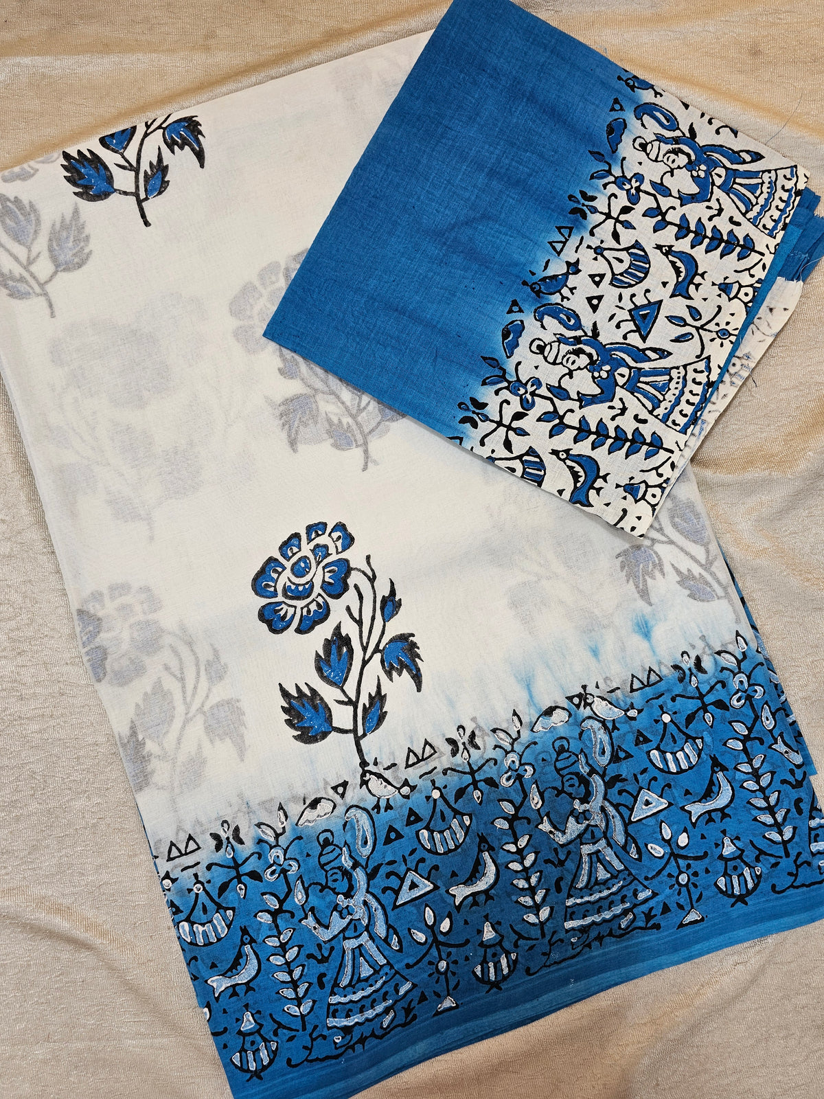 Pure Cotton with Hand Block Prints - White with Blue