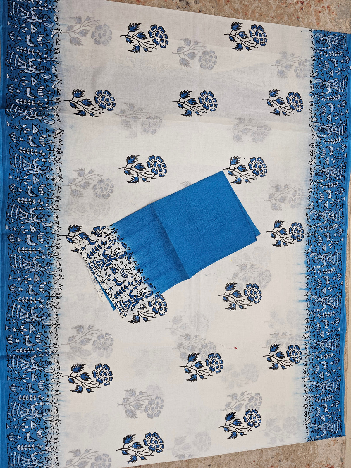 Pure Cotton with Hand Block Prints - White with Blue