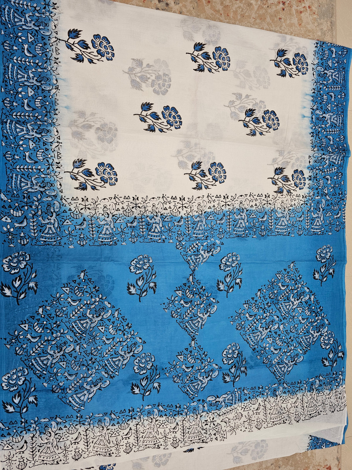 Pure Cotton with Hand Block Prints - White with Blue
