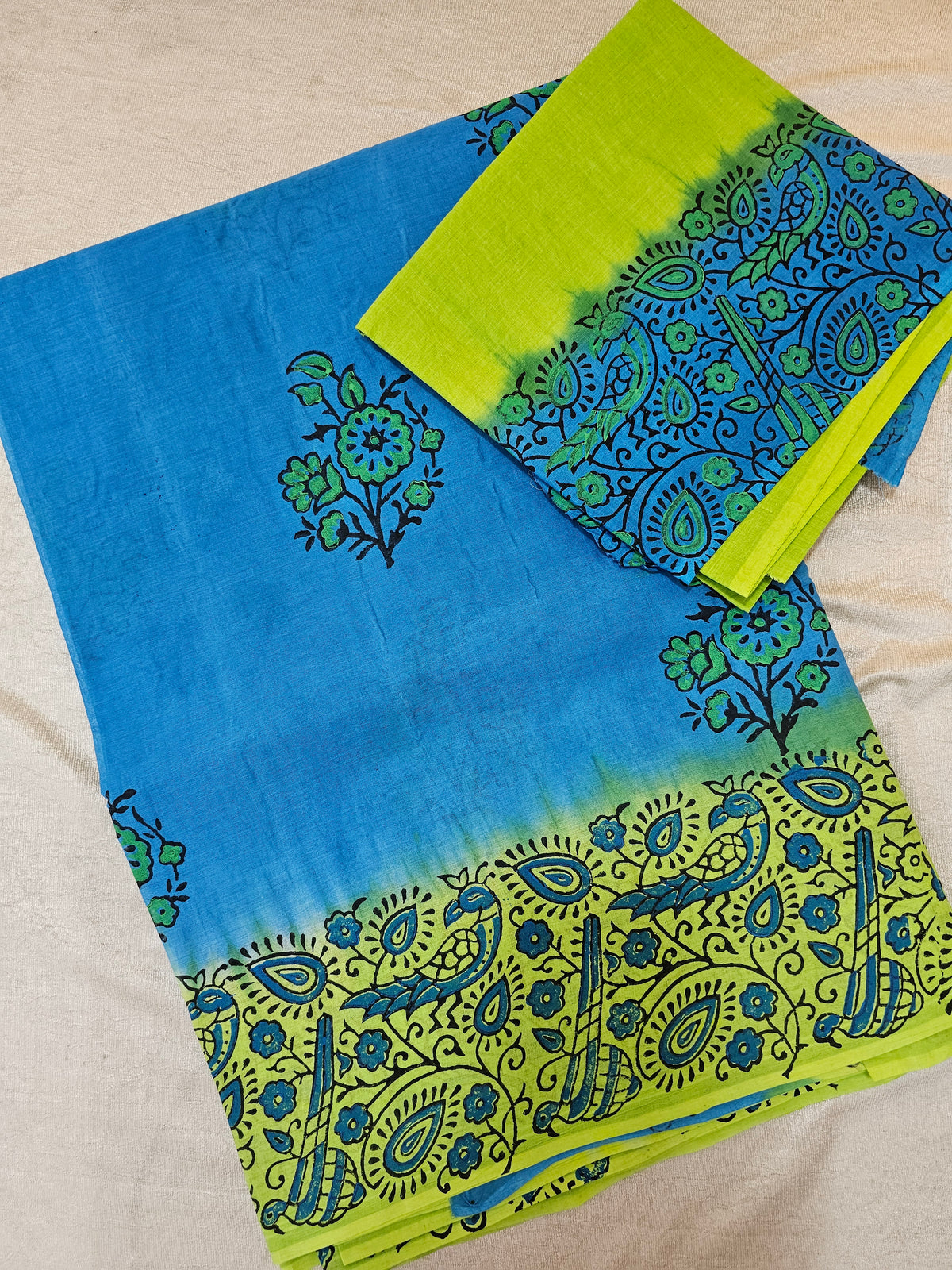 Pure Cotton with Hand Block Prints - Blue with Green