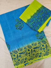 Pure Cotton with Hand Block Prints - Blue with Green