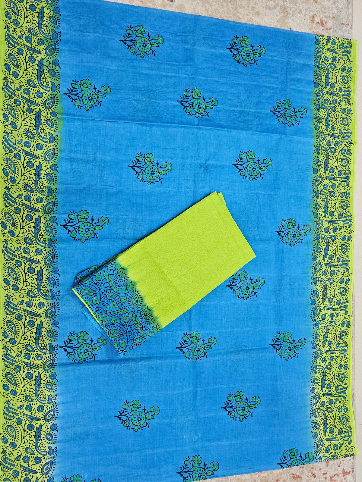 Pure Cotton with Hand Block Prints - Blue with Green