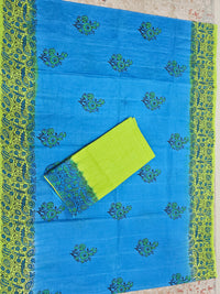 Pure Cotton with Hand Block Prints - Blue with Green