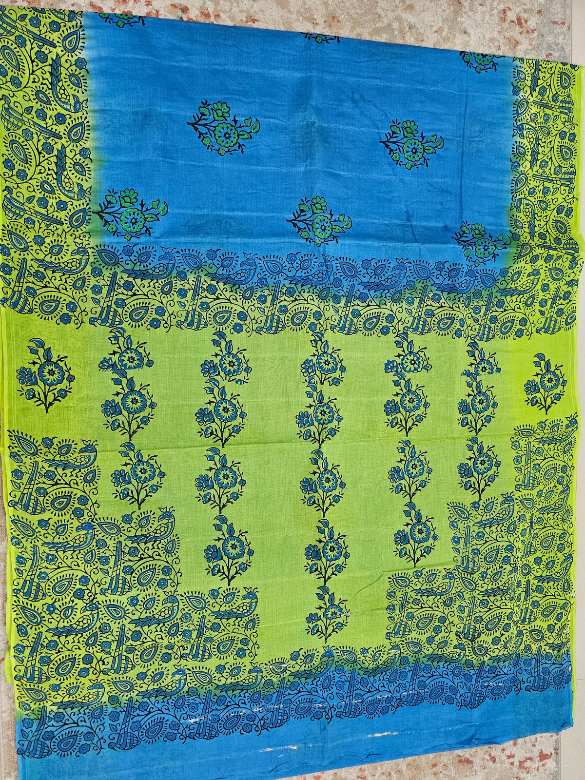 Pure Cotton with Hand Block Prints - Blue with Green