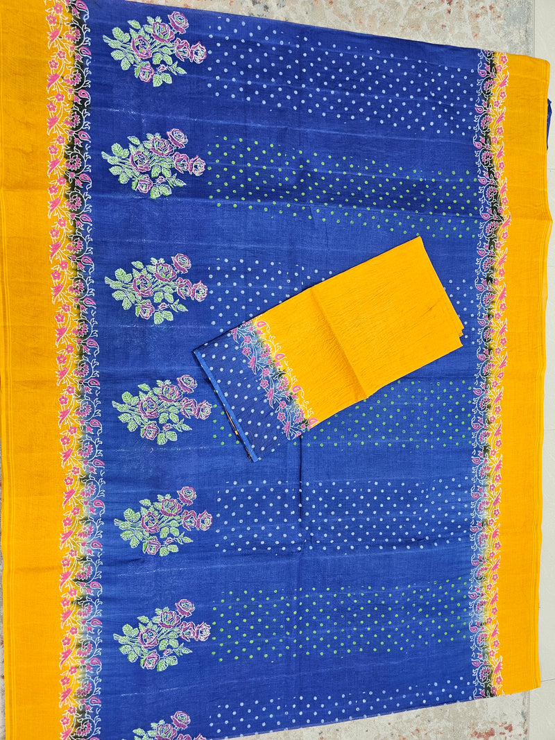 Pure Cotton with Hand Block Prints - Blue with  Yellow