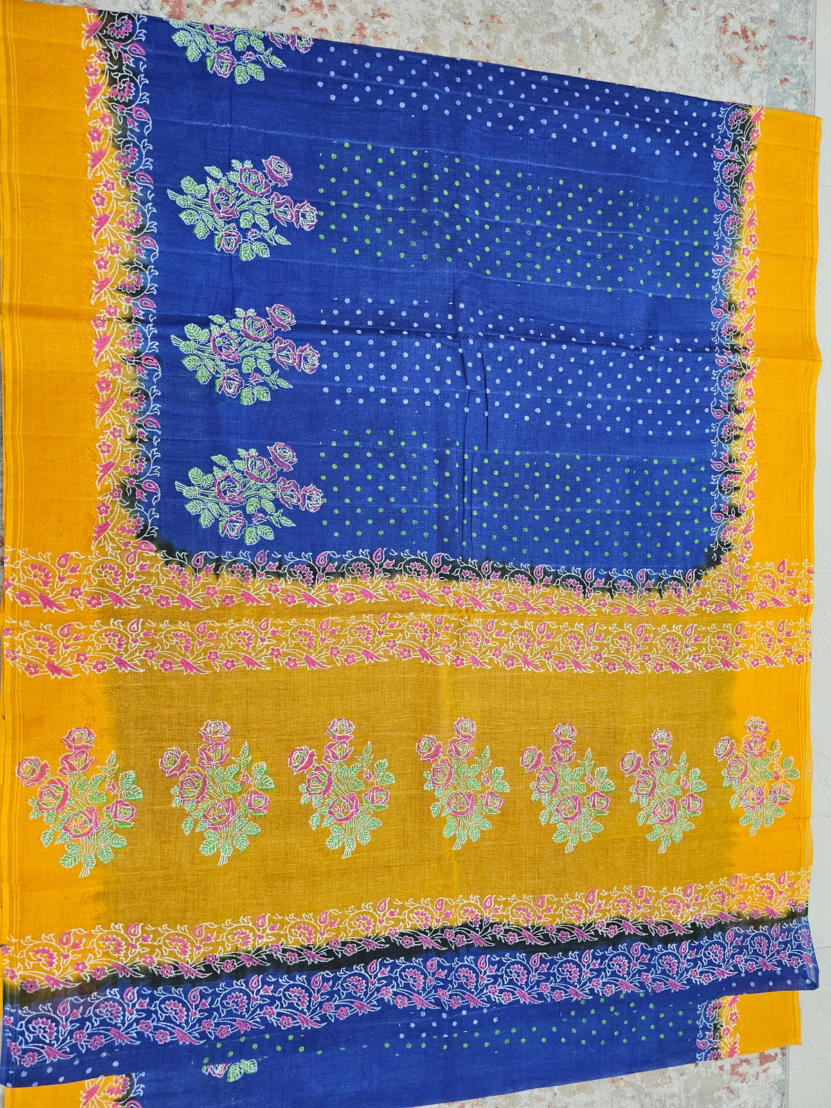 Pure Cotton with Hand Block Prints - Blue with  Yellow