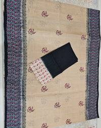 Pure Cotton with Hand Block Prints - Dark Beige with Black