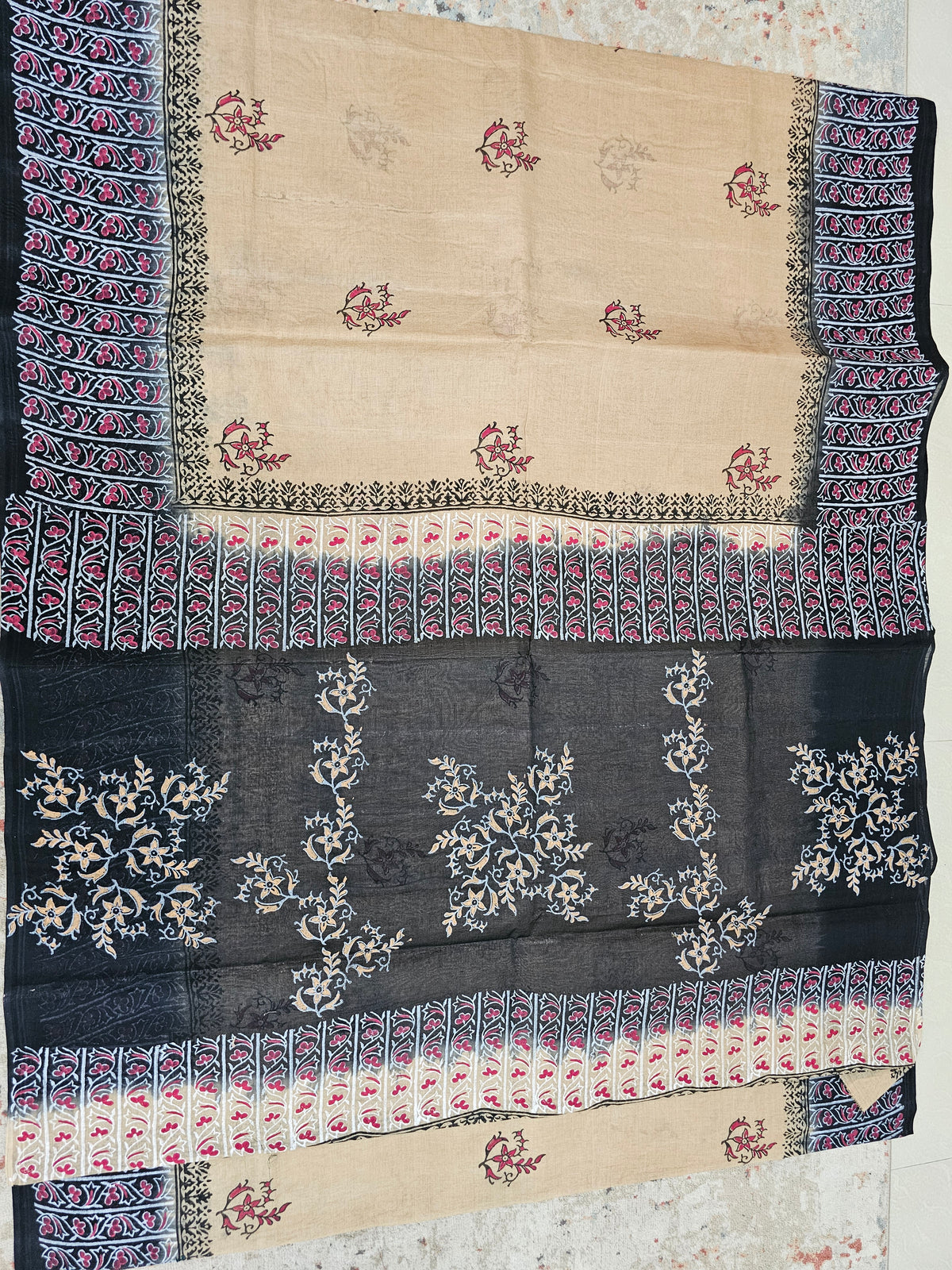 Pure Cotton with Hand Block Prints - Dark Beige with Black