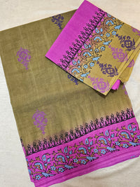 Pure Cotton with Hand Block Prints - Dark Olive Green with Pink
