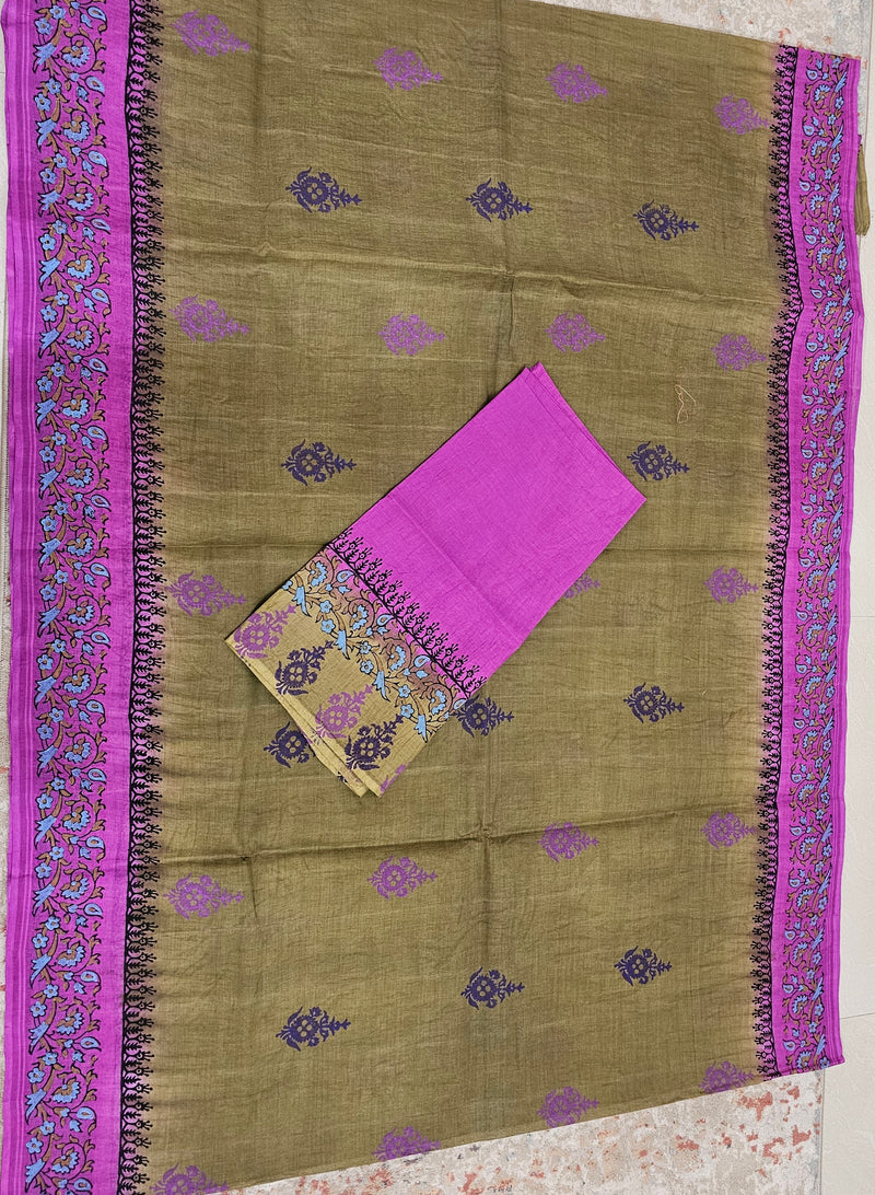 Pure Cotton with Hand Block Prints - Dark Olive Green with Pink