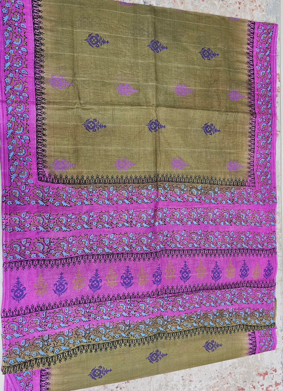 Pure Cotton with Hand Block Prints - Dark Olive Green with Pink