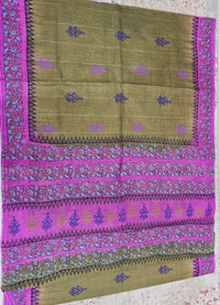 Pure Cotton with Hand Block Prints - Dark Olive Green with Pink