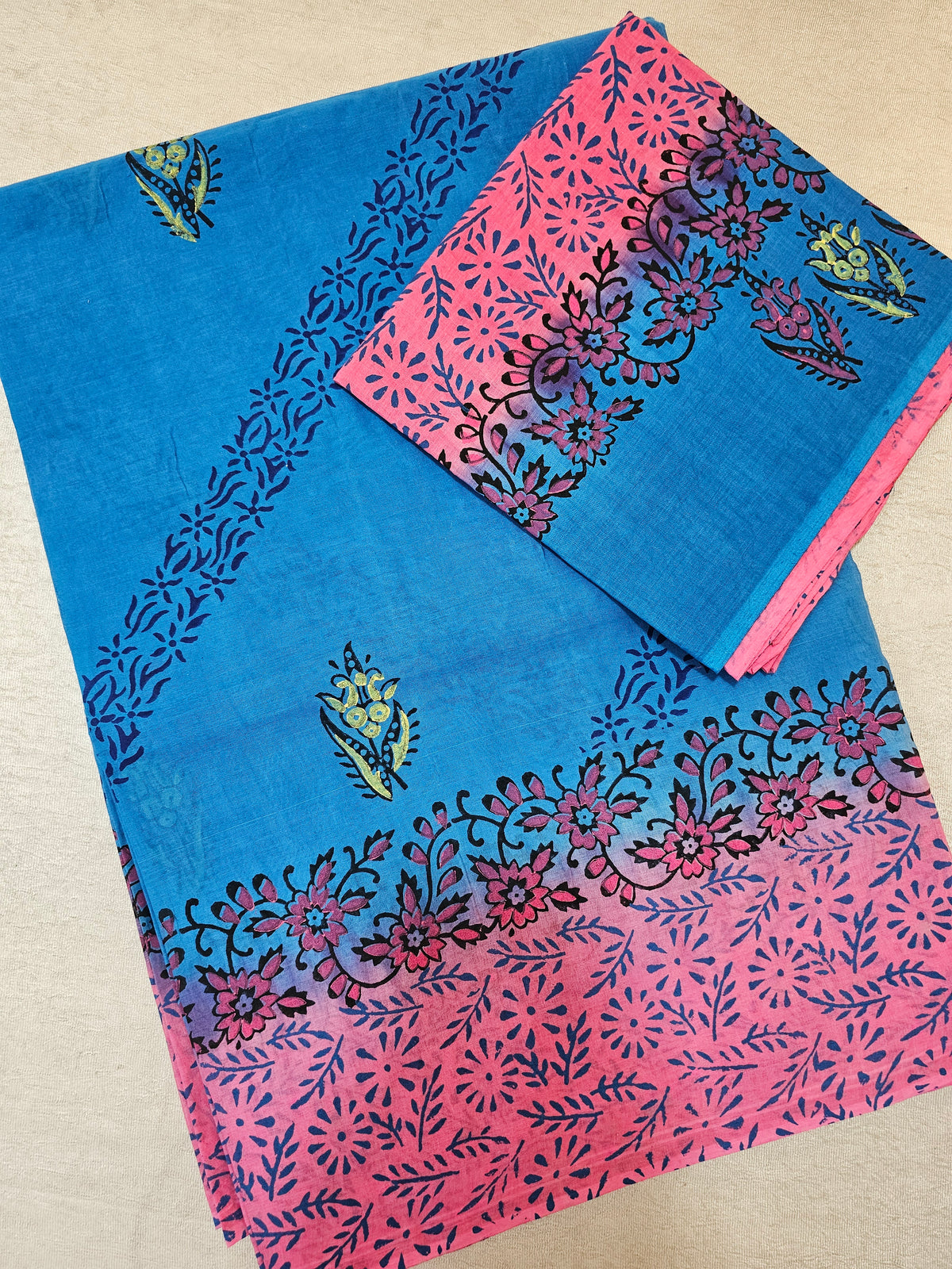 Pure Cotton with Hand Block Prints - Blue with Pink
