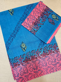 Pure Cotton with Hand Block Prints - Blue with Pink