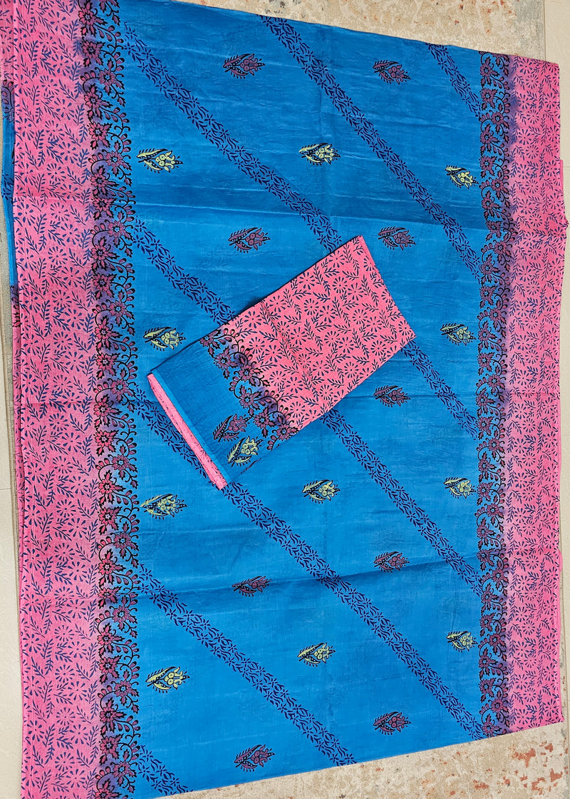 Pure Cotton with Hand Block Prints - Blue with Pink
