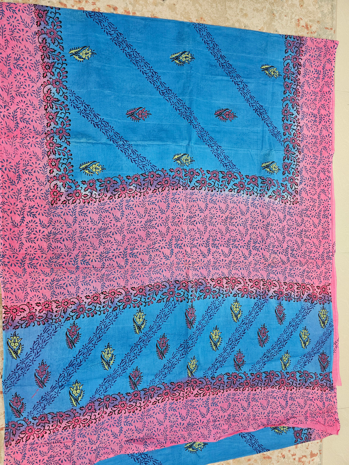 Pure Cotton with Hand Block Prints - Blue with Pink