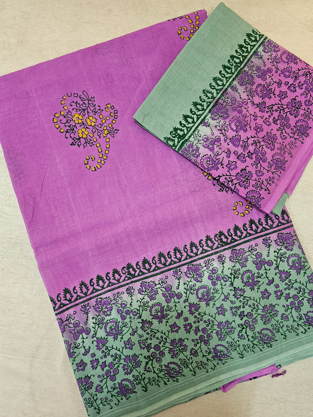 Pure Cotton with Hand Block Prints - Lavender with Pista Green
