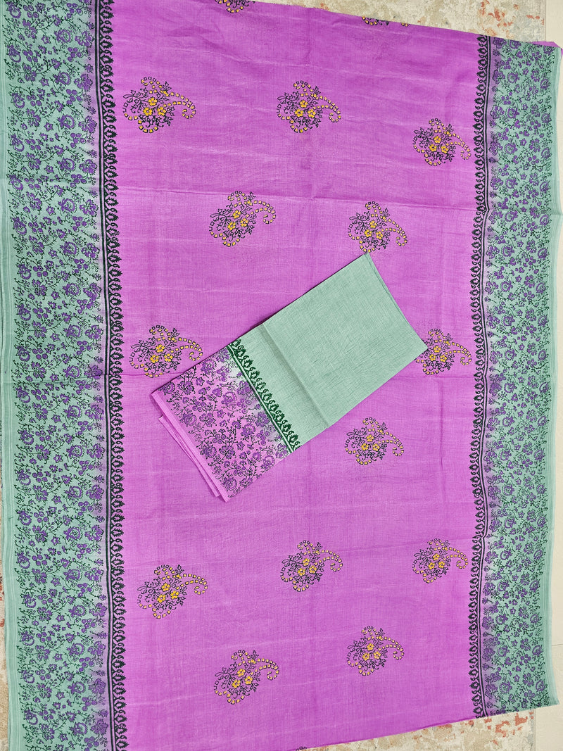 Pure Cotton with Hand Block Prints - Lavender with Pista Green