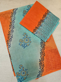Pure Cotton with Hand Block Prints - Sea Blue with Orange