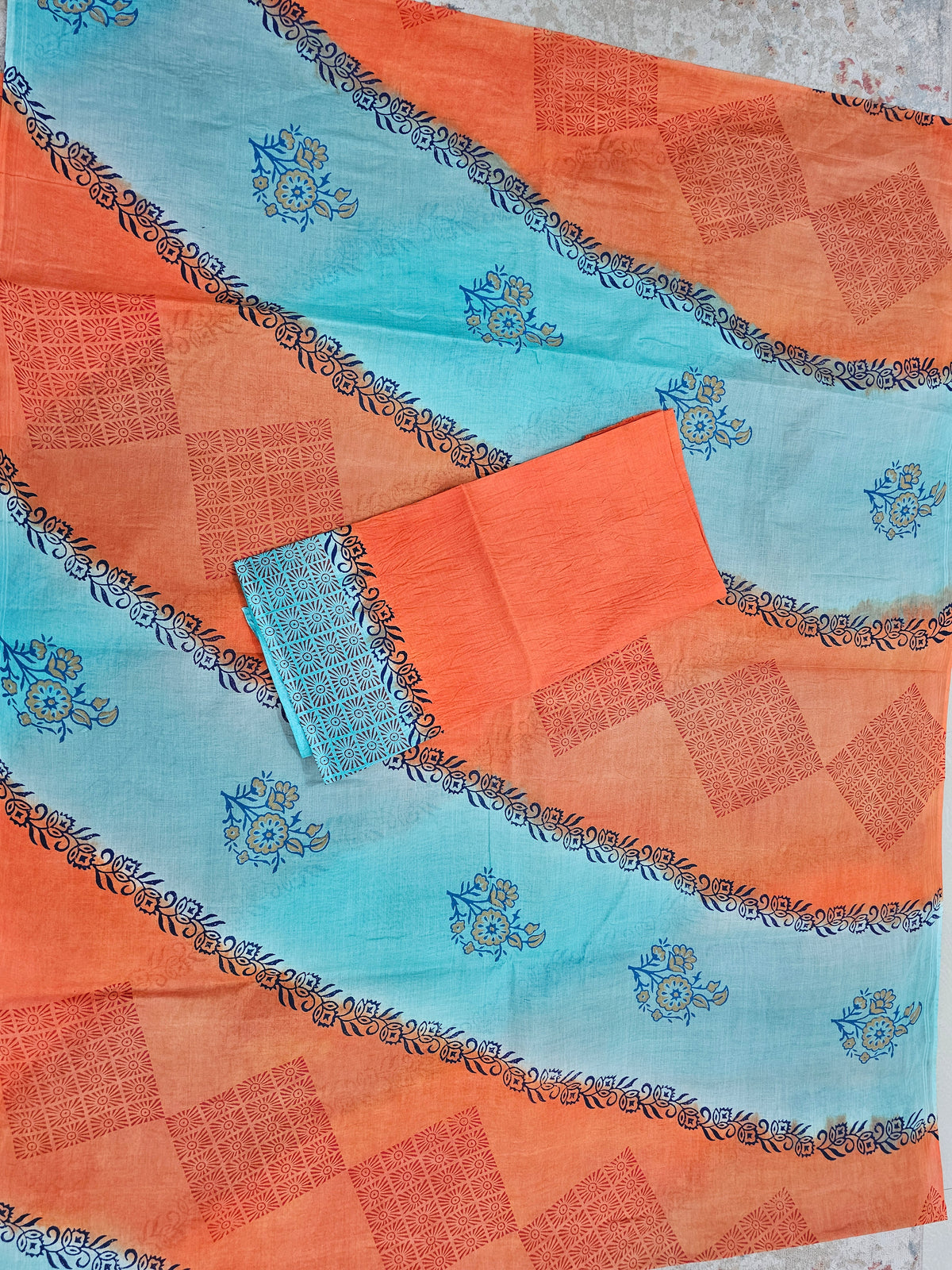 Pure Cotton with Hand Block Prints - Sea Blue with Orange
