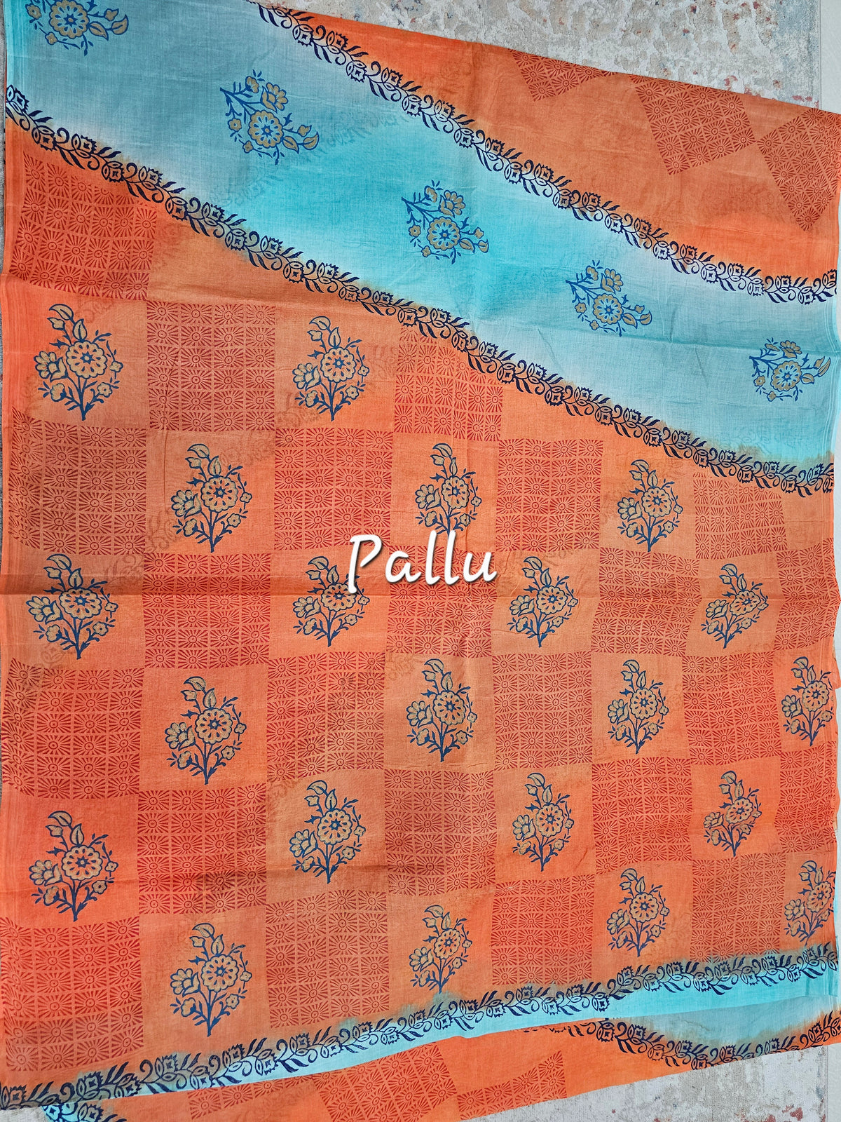 Pure Cotton with Hand Block Prints - Sea Blue with Orange