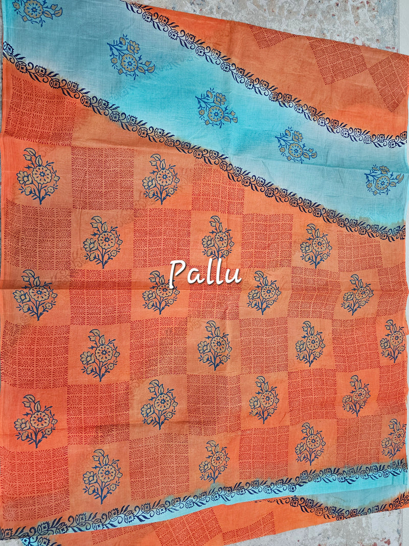 Pure Cotton with Hand Block Prints - Sea Blue with Orange