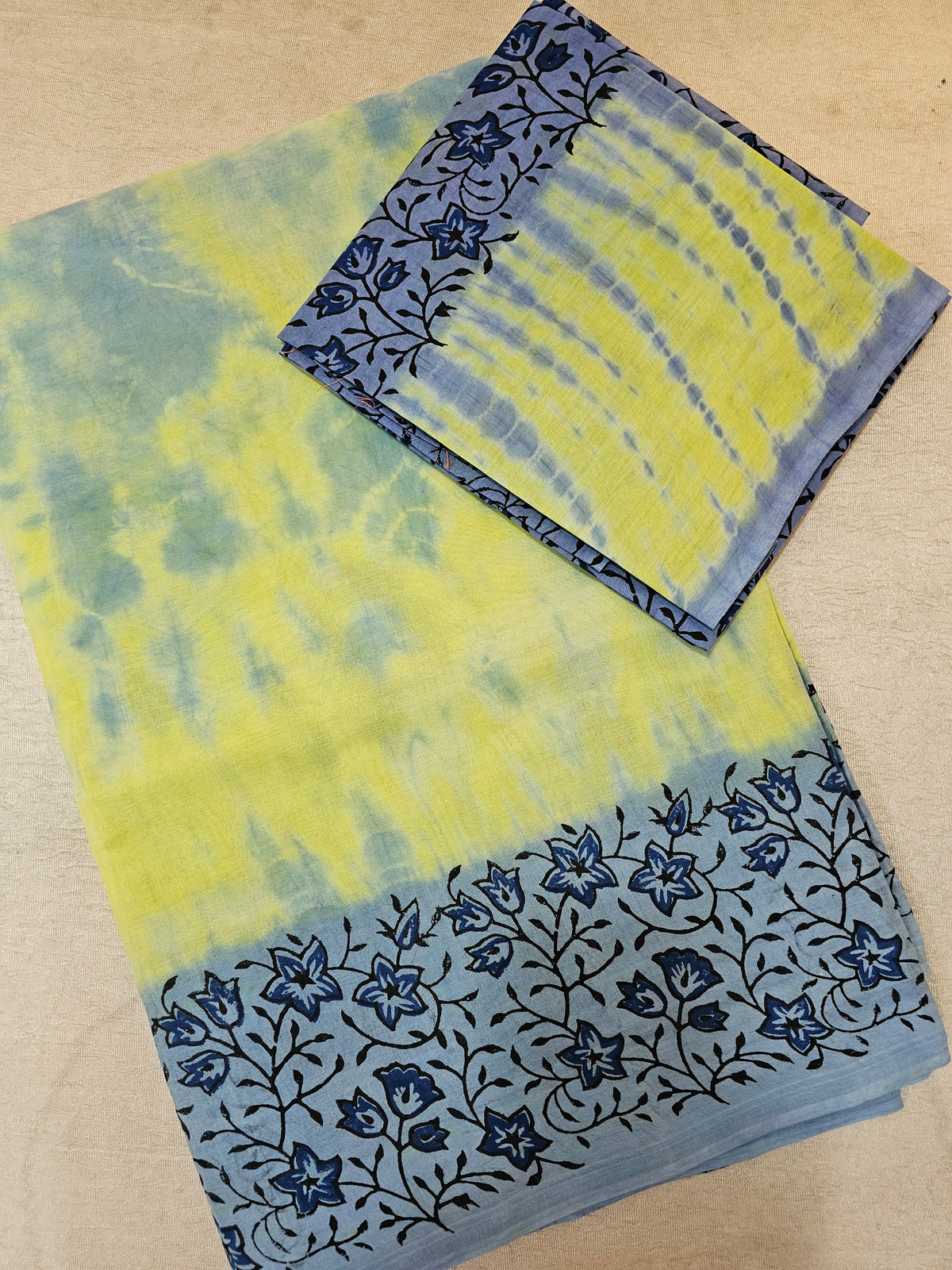 Pure Cotton with Hand Block Prints - Lime Green with Grey