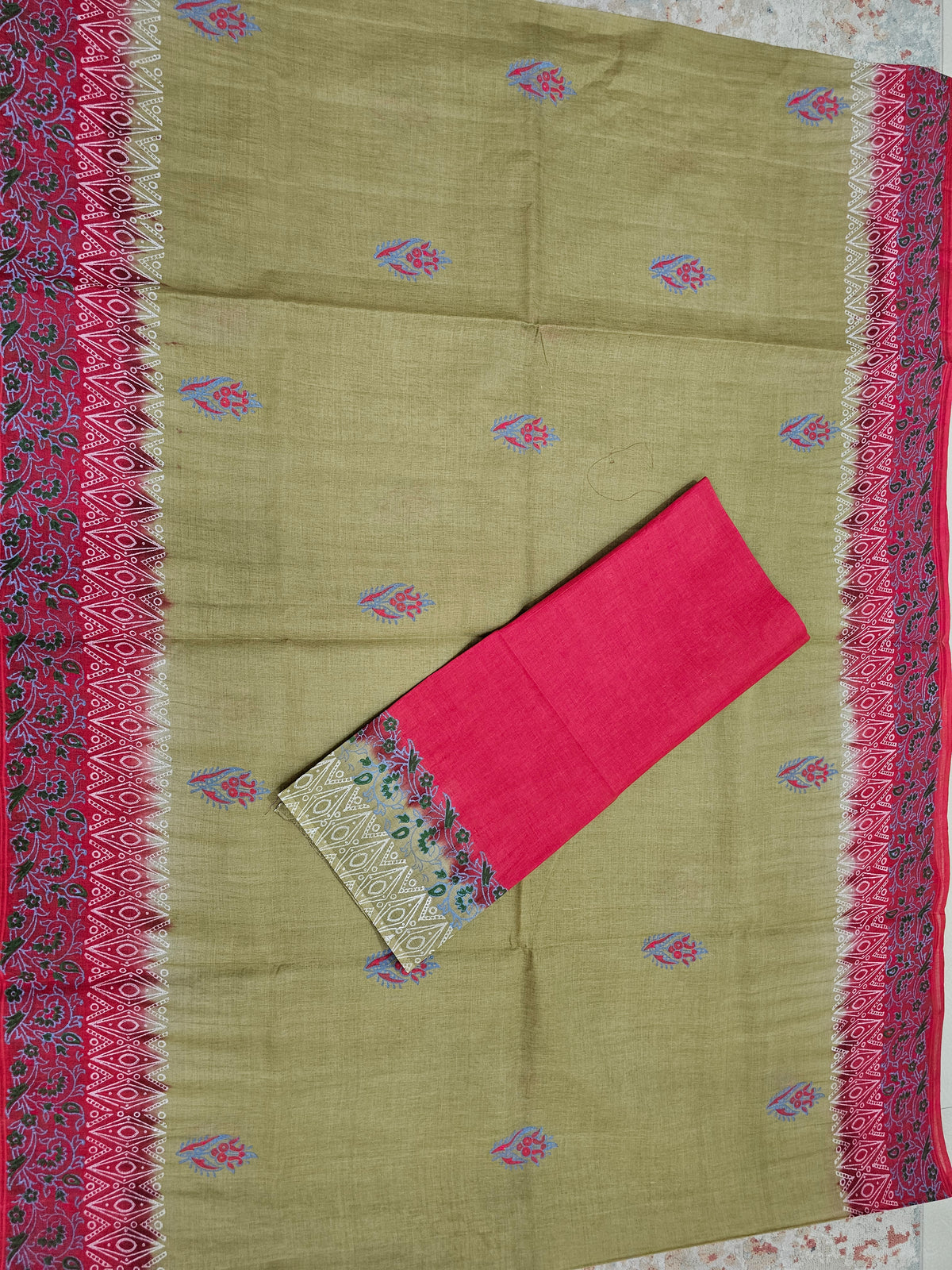 Pure Cotton with Hand Block Prints - Beige with Pink