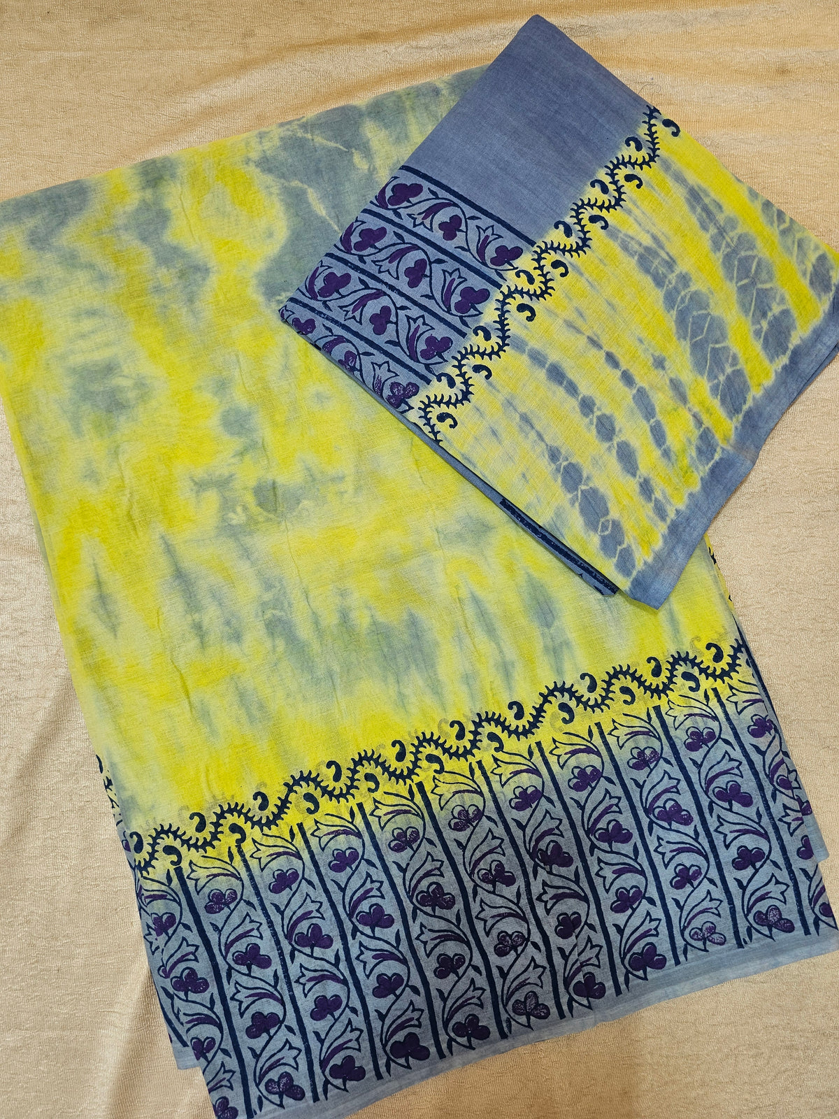 Pure Cotton with Hand Block Prints - Lime Yellow with Grey