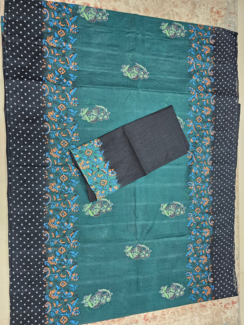 Pure Cotton with Hand Block Prints - Green with Black