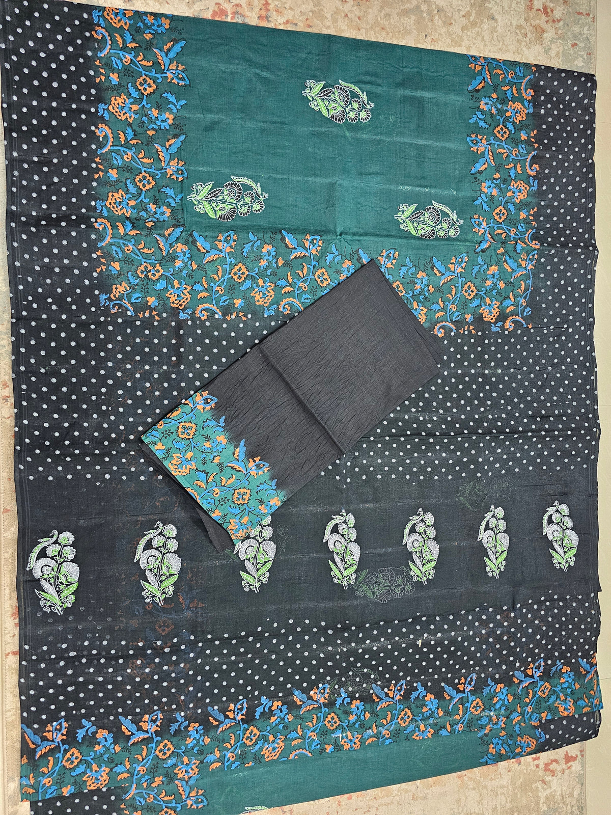 Pure Cotton with Hand Block Prints - Green with Black