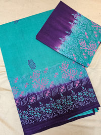 Pure Cotton with Hand Block Prints - Sea Green with Purple