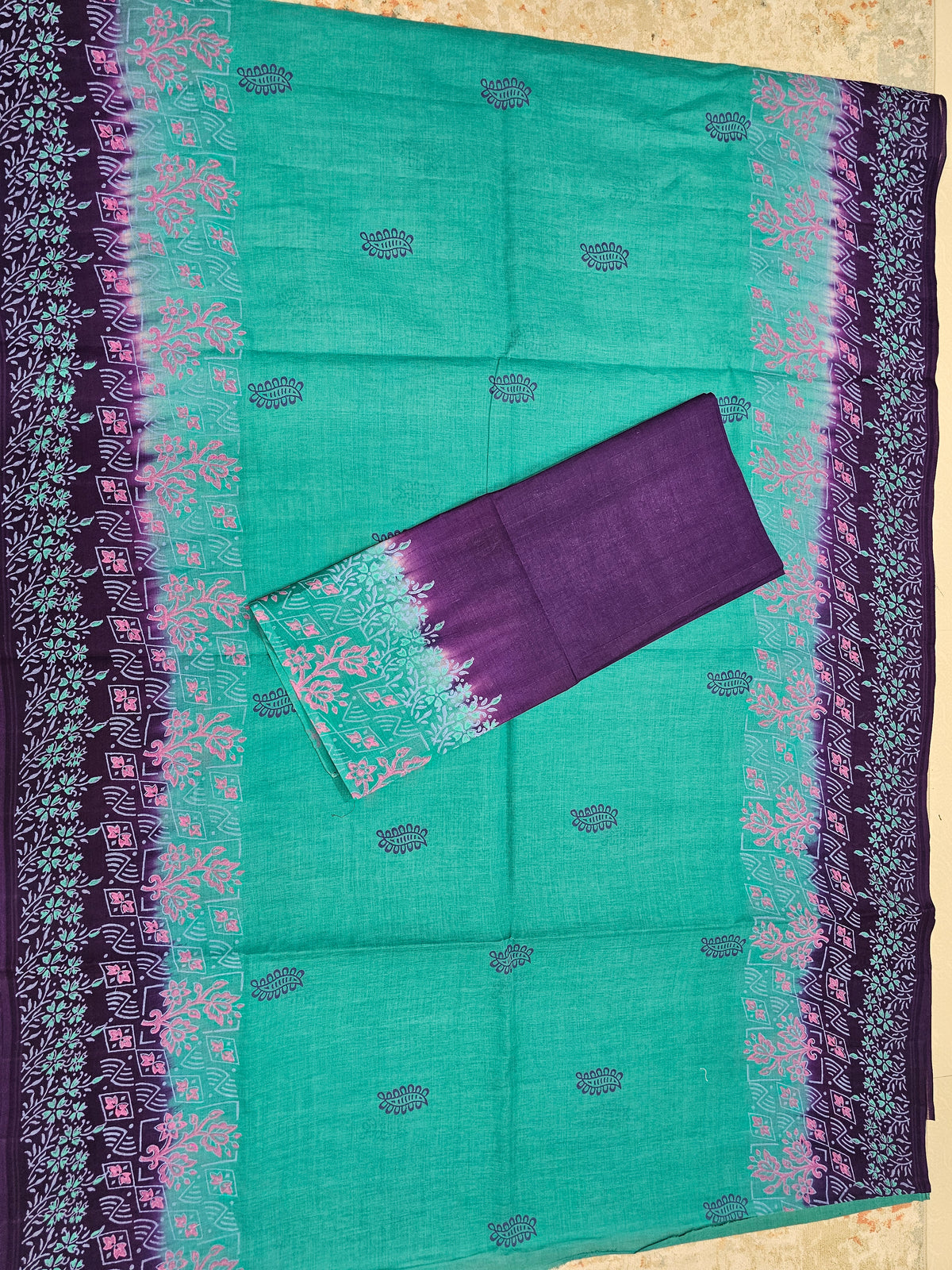 Pure Cotton with Hand Block Prints - Sea Green with Purple