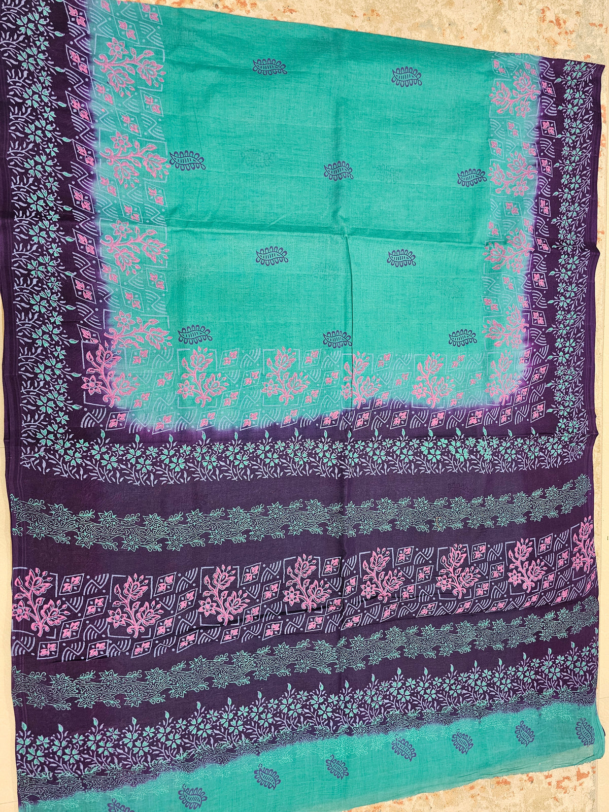 Pure Cotton with Hand Block Prints - Sea Green with Purple