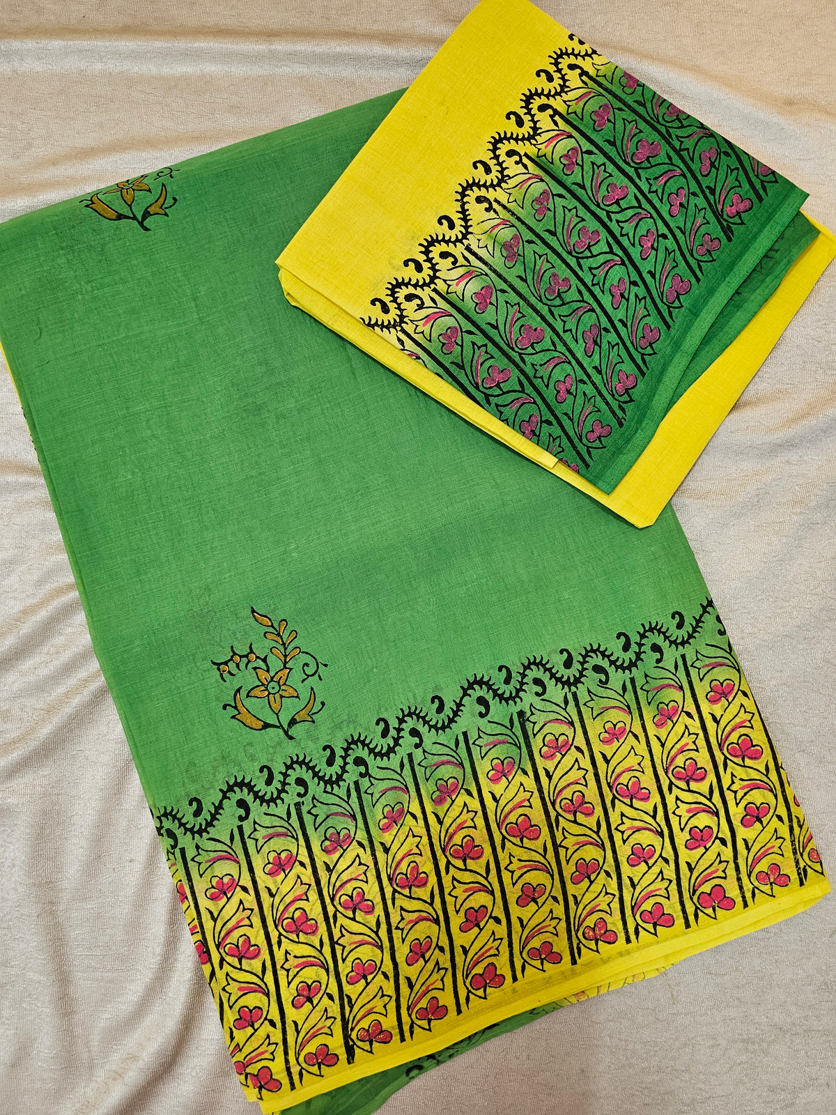Pure Cotton with Hand Block Prints - Green with Yellow